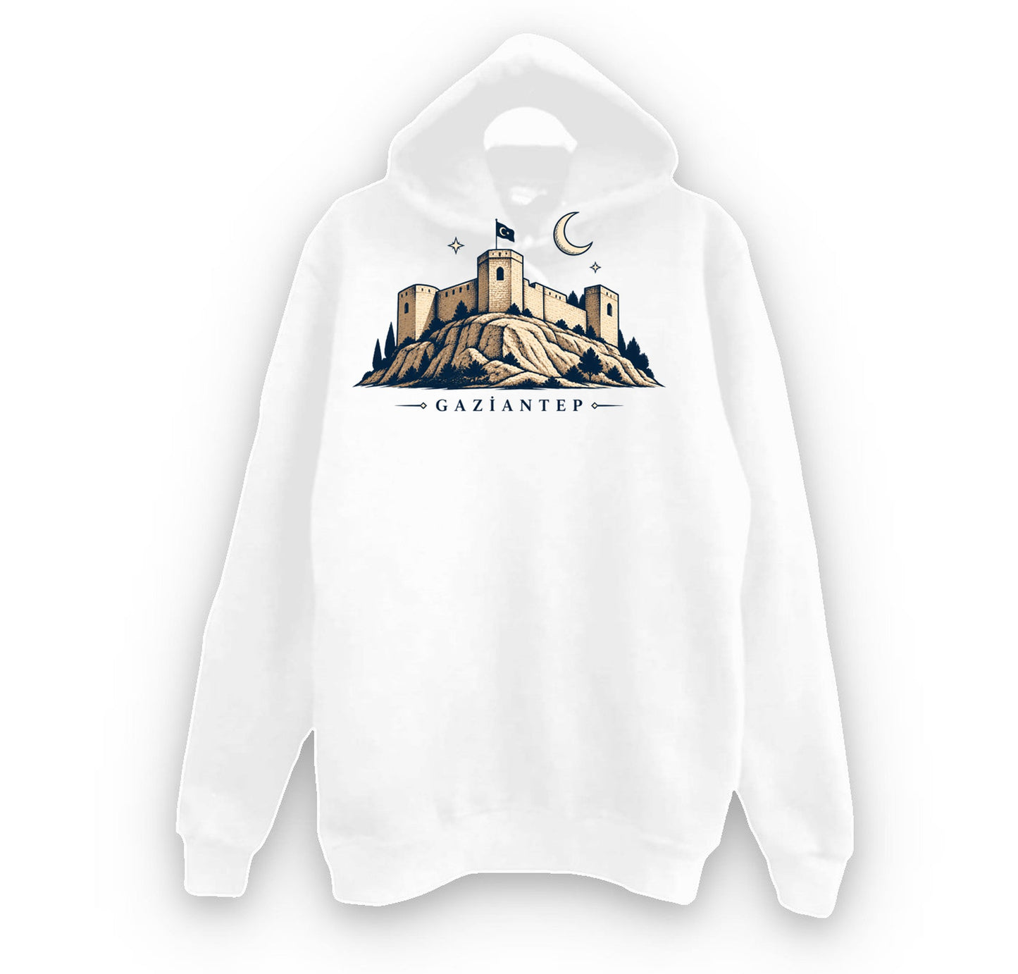 Gaziantep Kalesi baskılı beyaz kapüşonlu sweatshirt