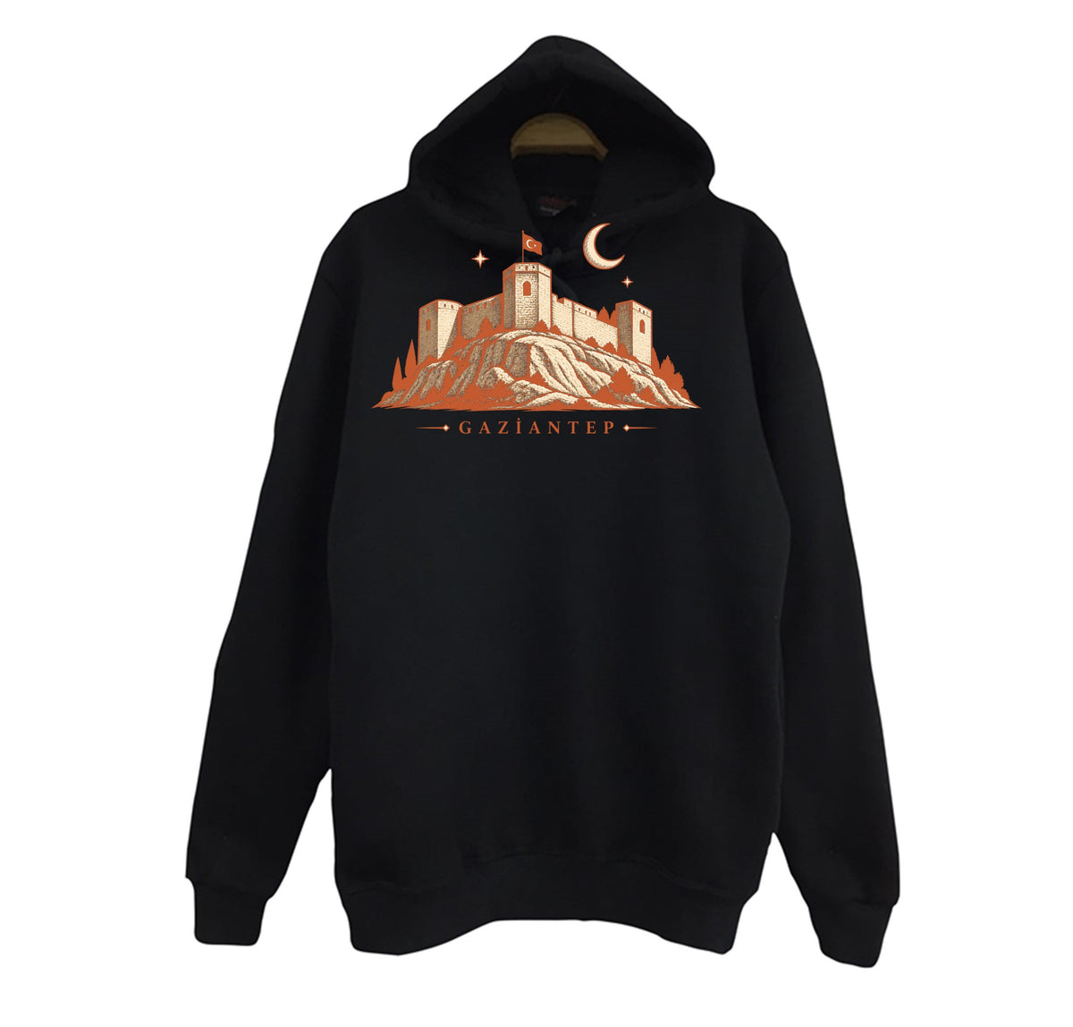 Gaziantep Kalesi baskılı siyah kapüşonlu sweatshirt