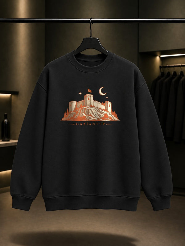 Gaziantep Kalesi baskılı siyah sweatshirt