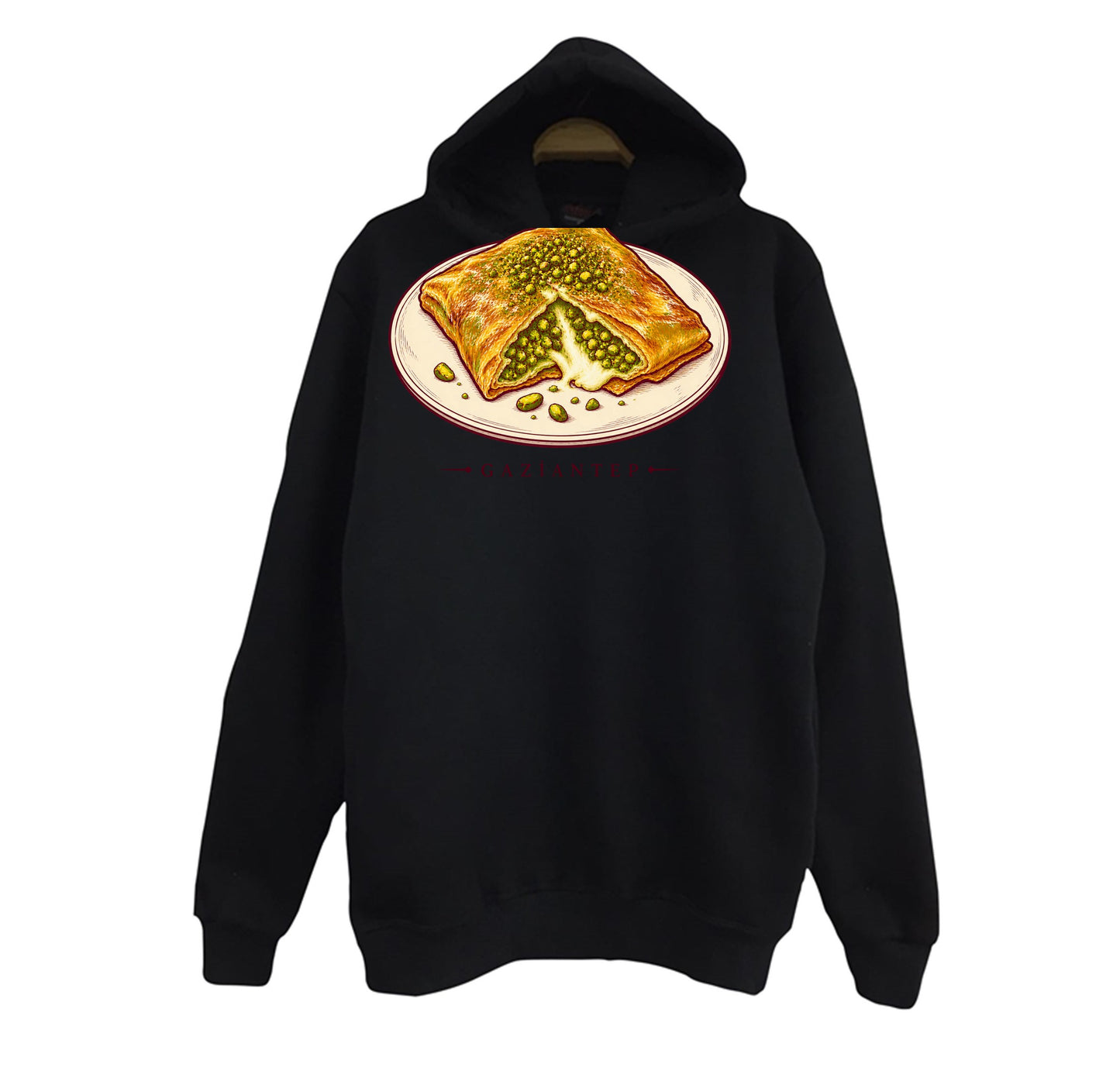 Gaziantep Katmer baskılı siyah kapüşonlu sweatshirt