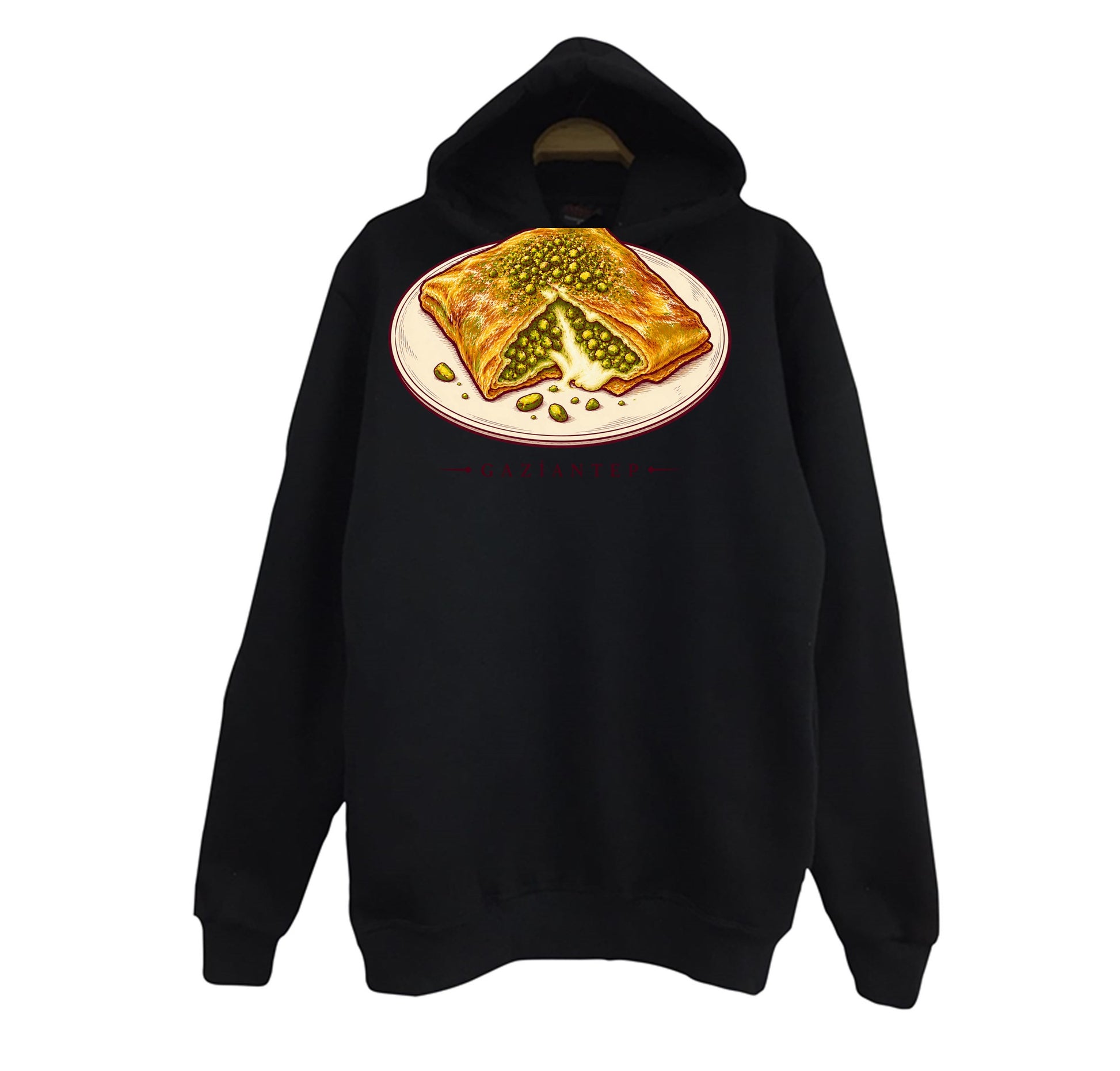 Gaziantep Katmer baskılı siyah kapüşonlu sweatshirt