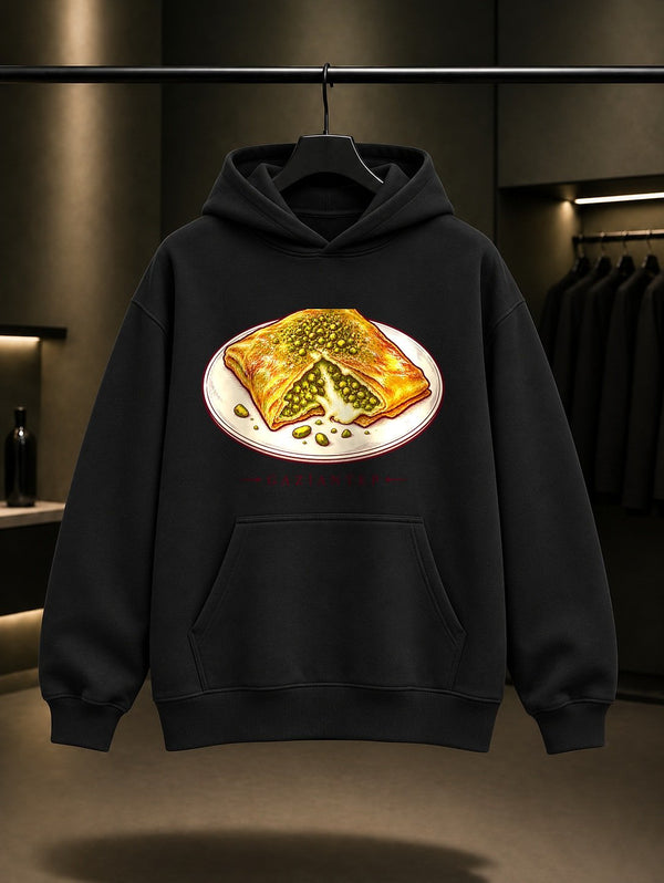Gaziantep Katmer baskılı siyah kapüşonlu sweatshirt