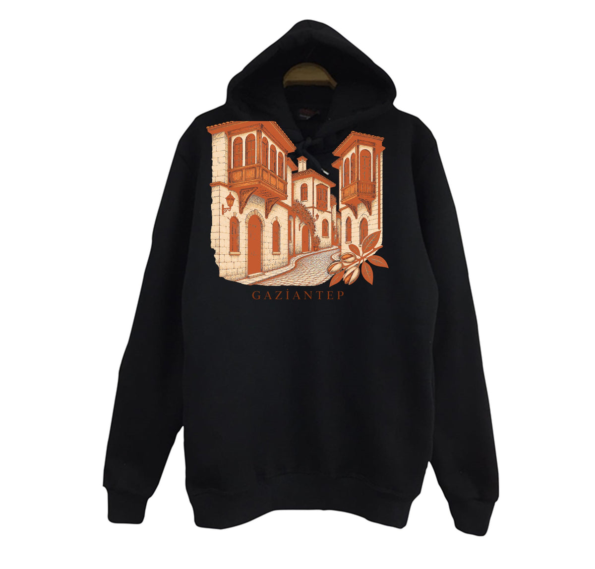 Gaziantep Tarihi Antep Evleri baskılı siyah kapüşonlu sweatshirt