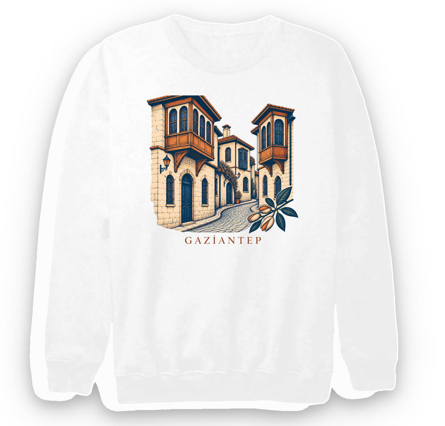Gaziantep Tarihi Antep Evleri baskılı beyaz sweatshirt