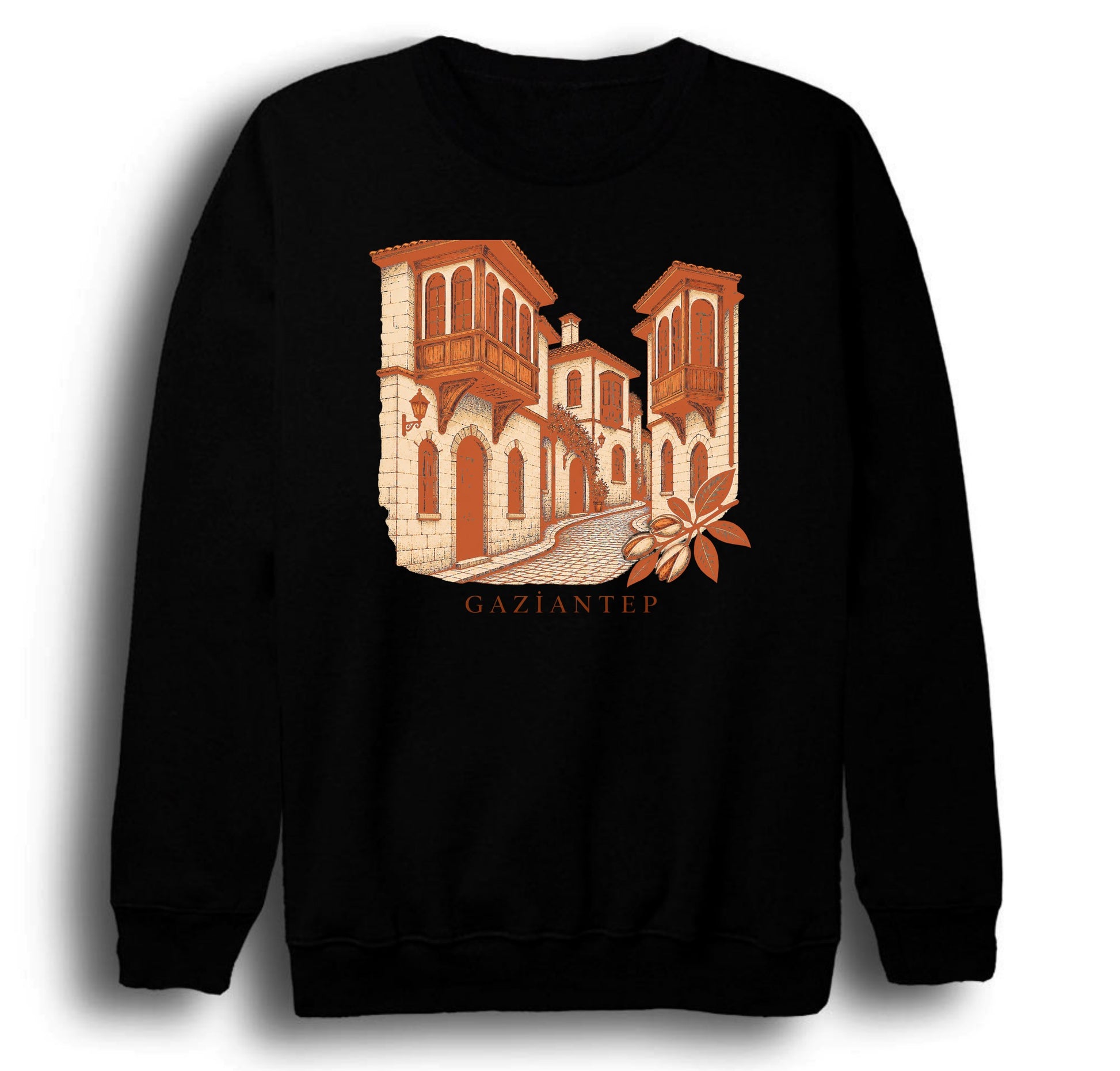 Gaziantep Tarihi Antep Evleri baskılı siyah sweatshirt