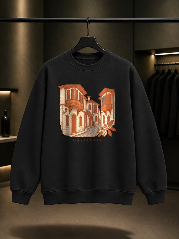 Gaziantep Tarihi Antep Evleri baskılı siyah sweatshirt
