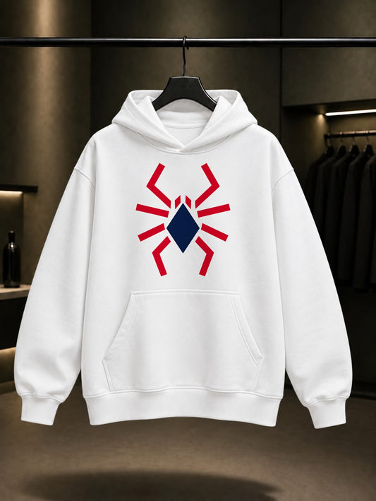 Geometrik Örümcek baskılı beyaz kapüşonlu sweatshirt