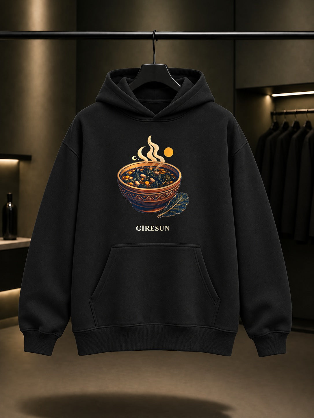 Giresun Pancar Çorbası baskılı siyah kapüşonlu sweatshirt