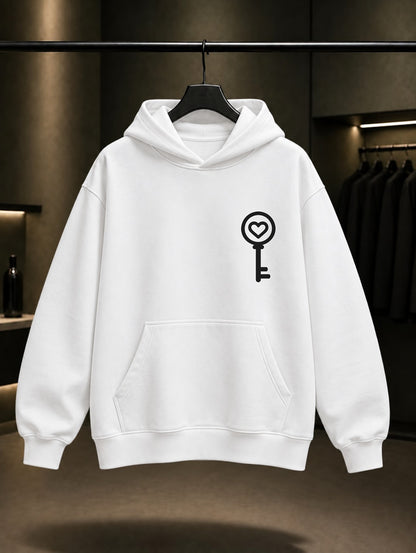 Gizli Anahtar Minimal Baskılı Unisex %100 Pamuk Kapüşonlu Sweatshirt — Beyaz