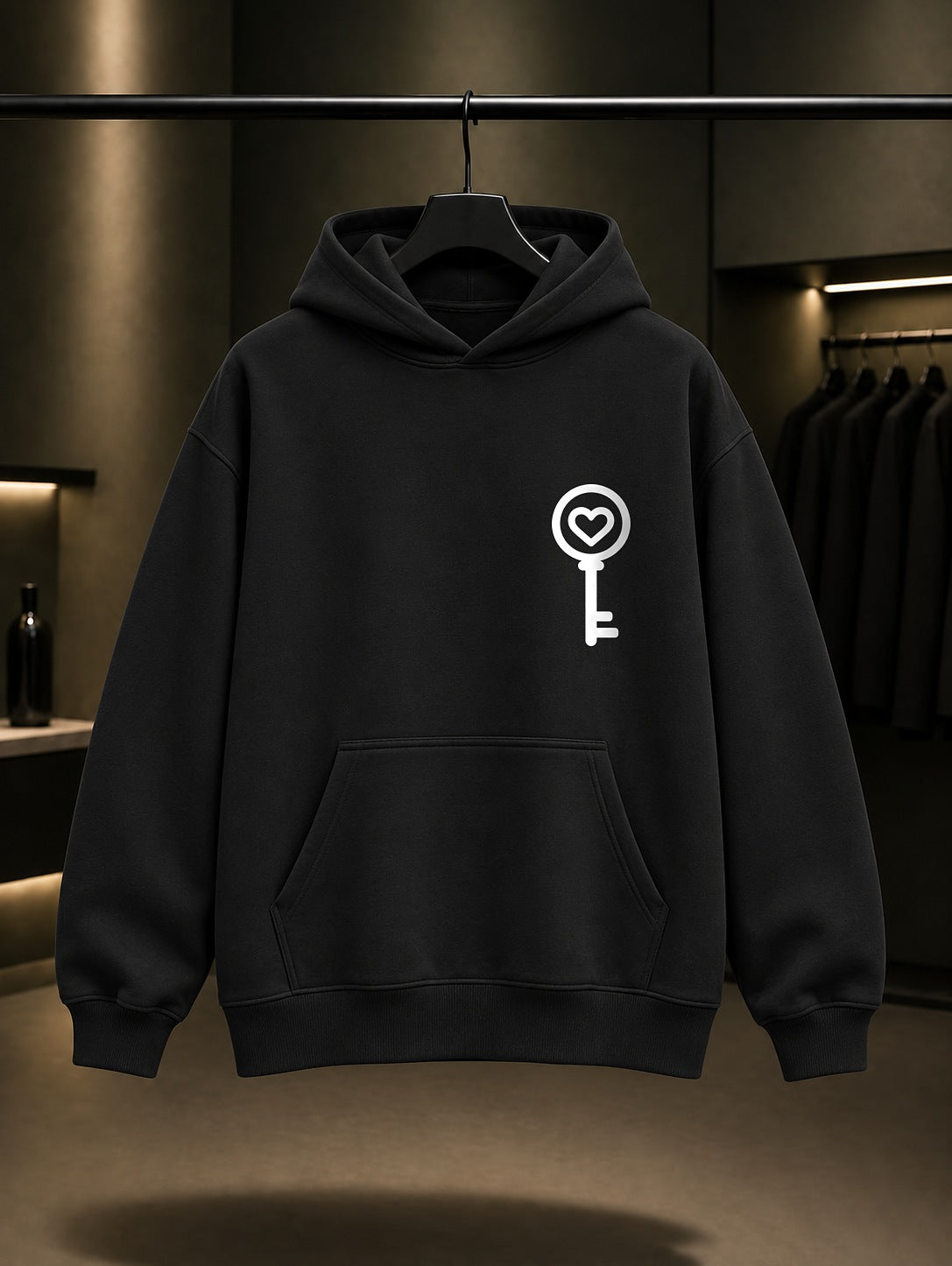 Gizli Anahtar Minimal Baskılı Unisex %100 Pamuk Kapüşonlu Sweatshirt — Siyah