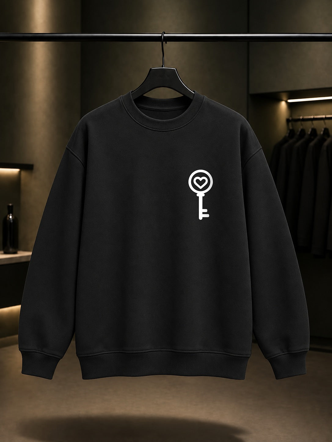 Gizli Anahtar Minimal Baskılı Unisex %100 Pamuk Sweatshirt — Siyah