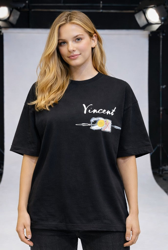 Vincent Van Gogh Sol Logo - Sırt Baskılı, Nakışlı Unisex %100 Pamuk Oversize T-shirt