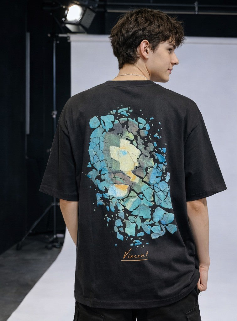 Vincent Van Gogh Sol Logo - Sırt Baskılı, Nakışlı Unisex %100 Pamuk Oversize T-shirt