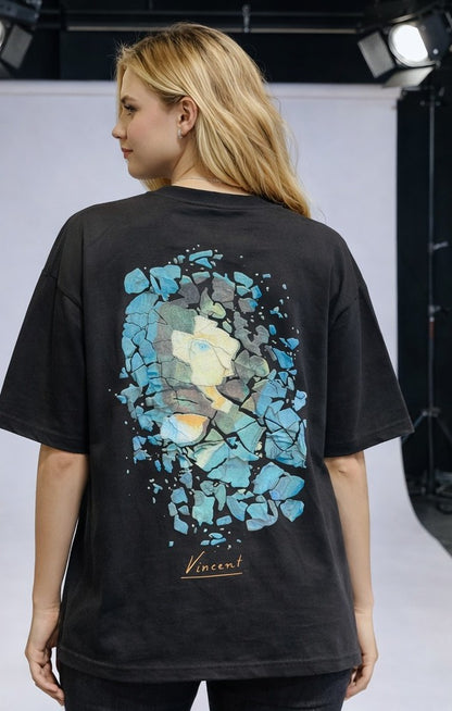 Sırt baskısı: turkuaz kırık taş/kaya parçaları Baskılı Unisex %100 Pamuk Siyah T-shirt