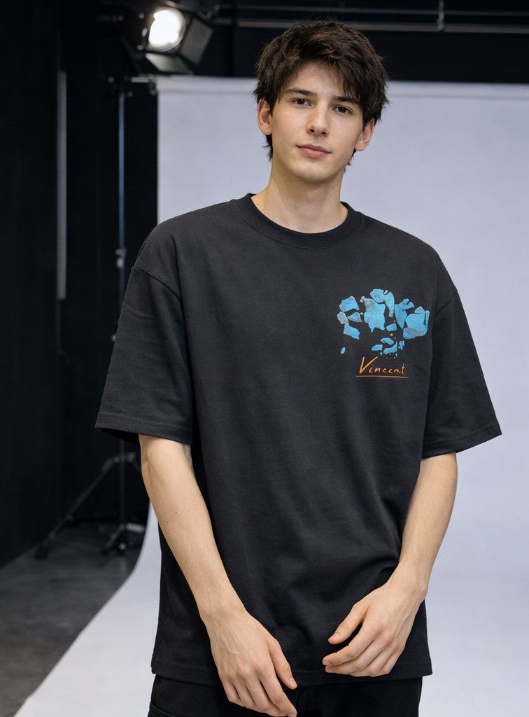 Vincent Van Gogh Sol Logo - Sırt Baskılı, Nakışlı Unisex %100 Pamuk Oversize T-shirt