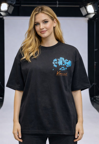 Sırt baskısı: turkuaz kırık taş/kaya parçaları Baskılı Unisex %100 Pamuk Siyah T-shirt