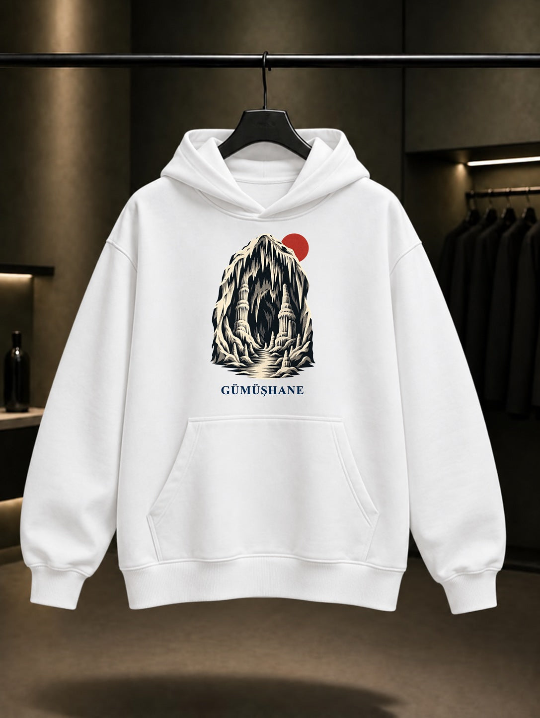 Gümüşhane Karaca Mağarası baskılı beyaz kapüşonlu sweatshirt