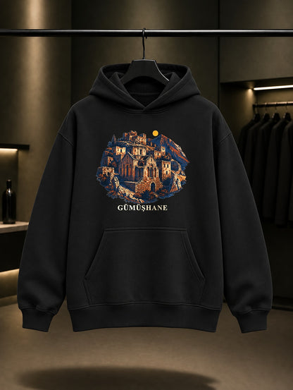 Gümüşhane Santa Harabeleri baskılı siyah kapüşonlu sweatshirt