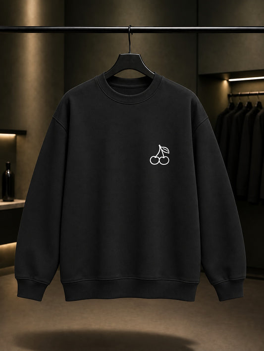 Kiraz Minimal Baskılı Unisex %100 Pamuk Sweatshirt — Siyah