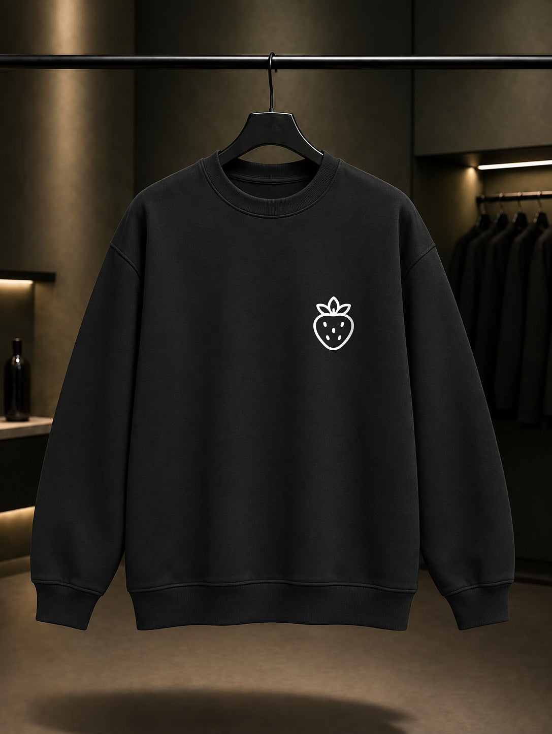 Çilek Minimal Baskılı Unisex %100 Pamuk Sweatshirt — Siyah