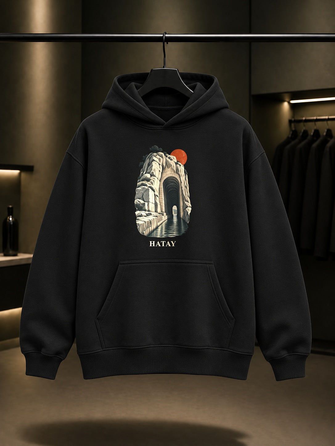 Hatay Titus Tüneli baskılı siyah kapüşonlu sweatshirt