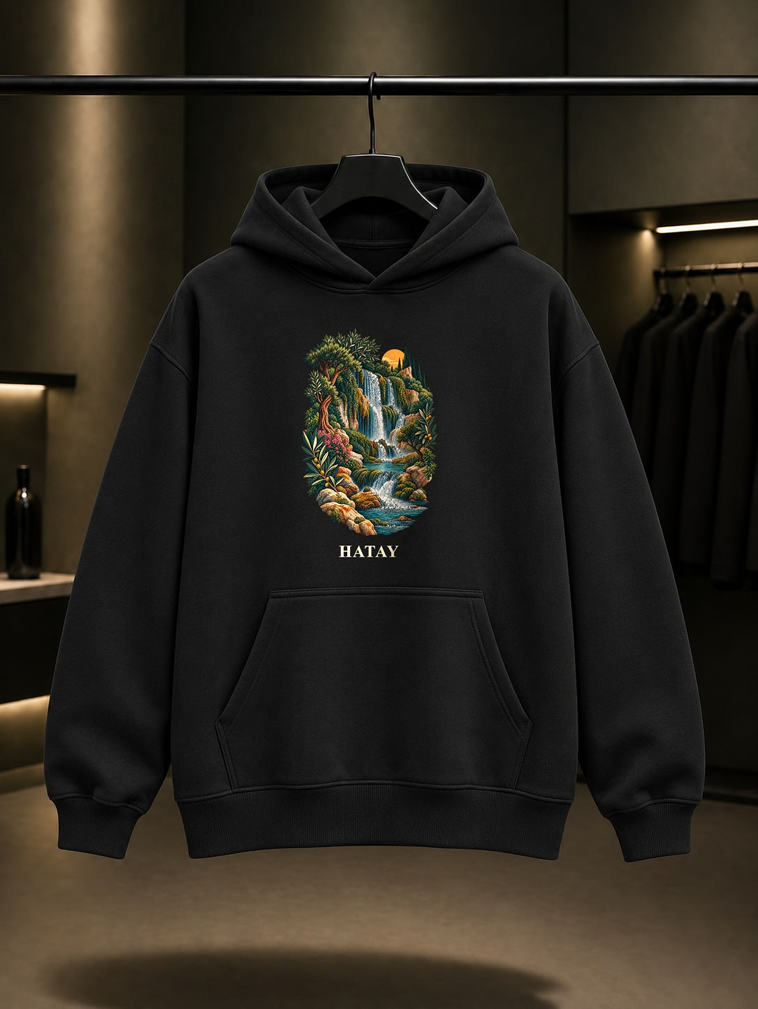 Hatay Harbiye Şelaleleri baskılı siyah kapüşonlu sweatshirt