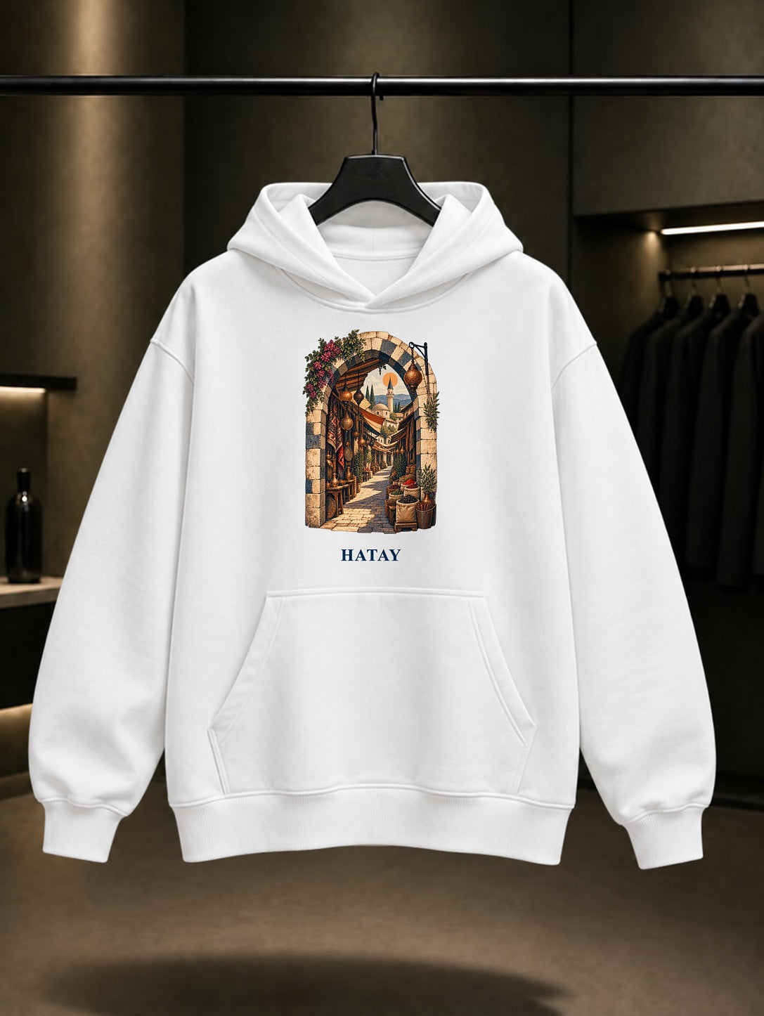 Hatay Uzun Çarşı baskılı beyaz kapüşonlu sweatshirt