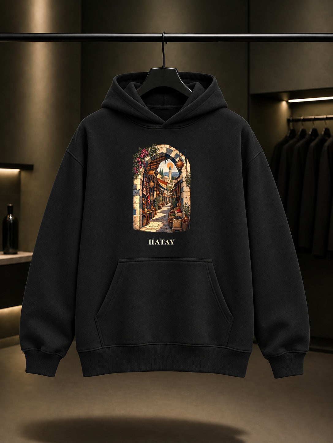 Hatay Uzun Çarşı baskılı siyah kapüşonlu sweatshirt