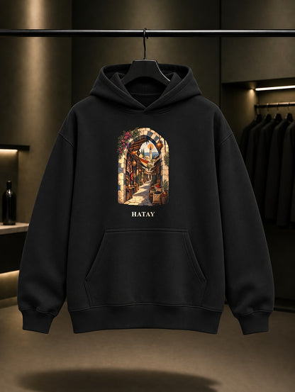 Hatay Uzun Çarşı baskılı siyah kapüşonlu sweatshirt