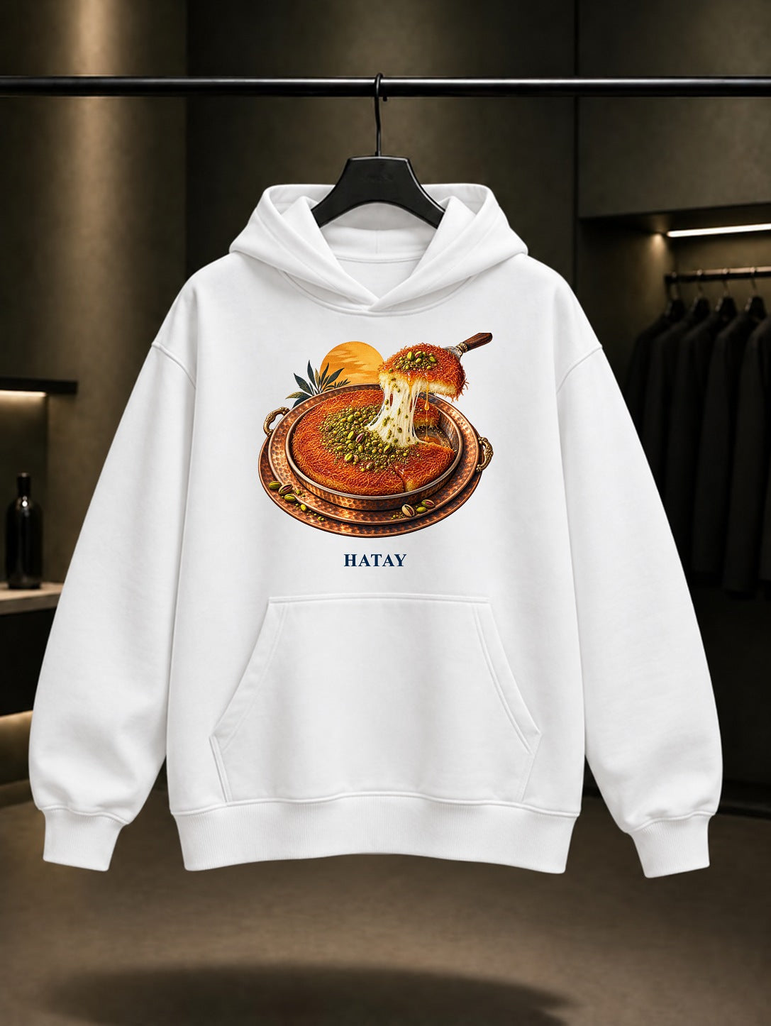 Hatay Künefe baskılı beyaz kapüşonlu sweatshirt