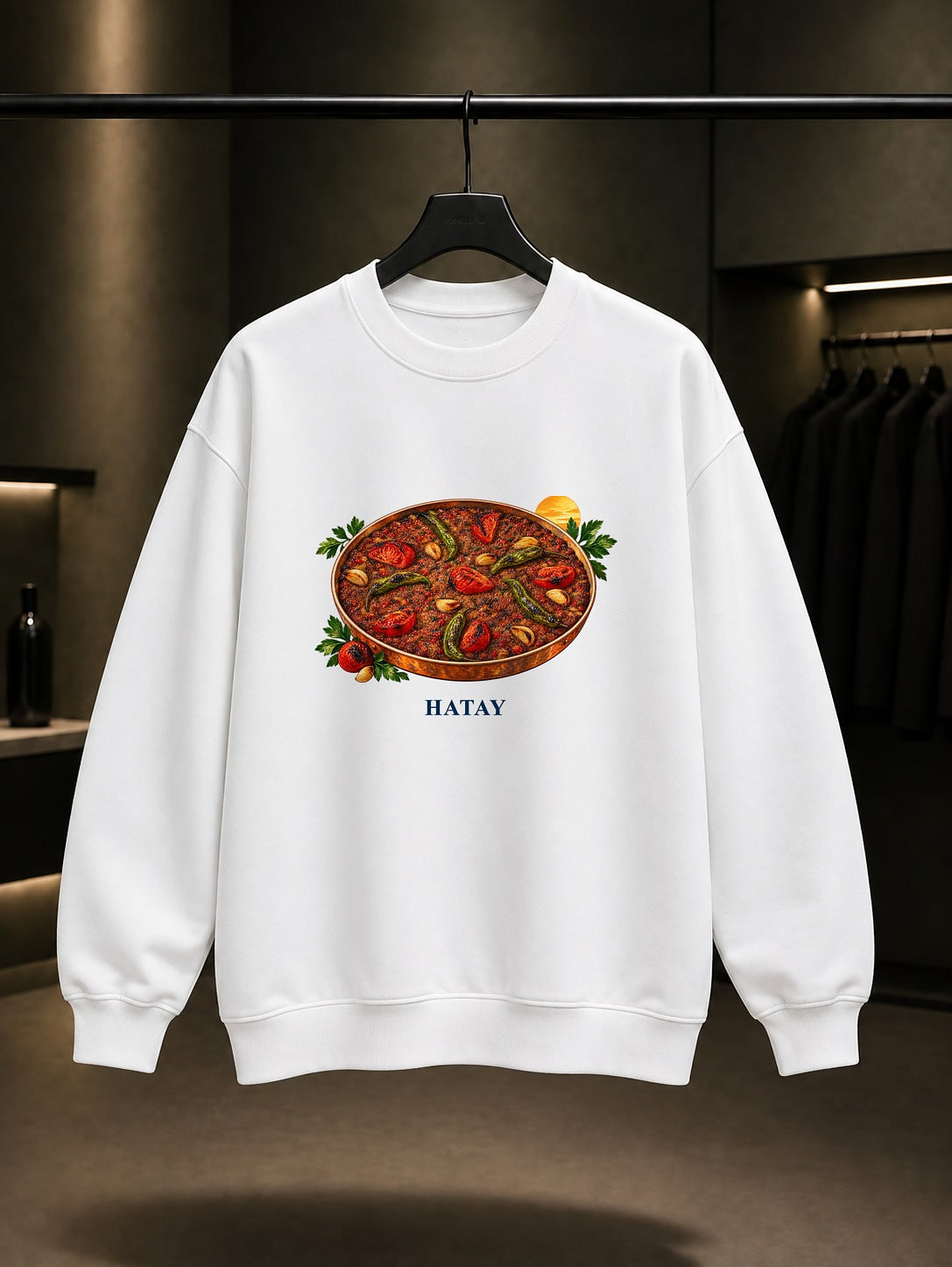 Hatay Tepsi Kebabı baskılı beyaz sweatshirt