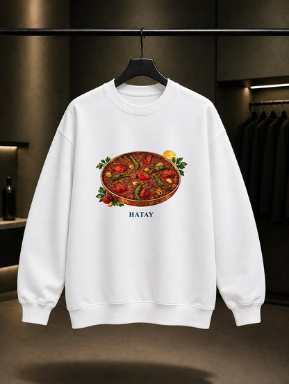 Hatay Tepsi Kebabı baskılı beyaz sweatshirt