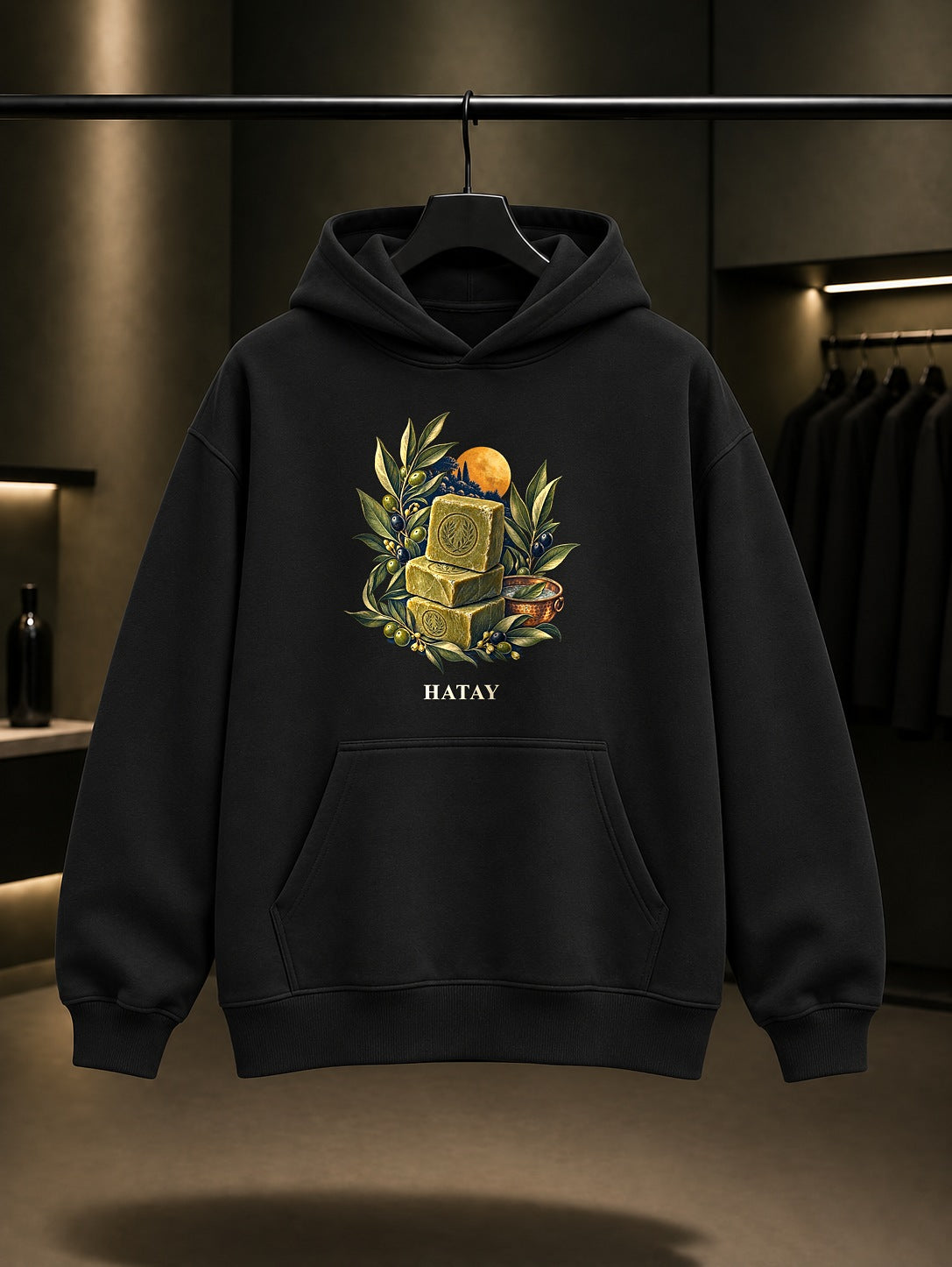 Hatay Defne Sabunu baskılı siyah kapüşonlu sweatshirt