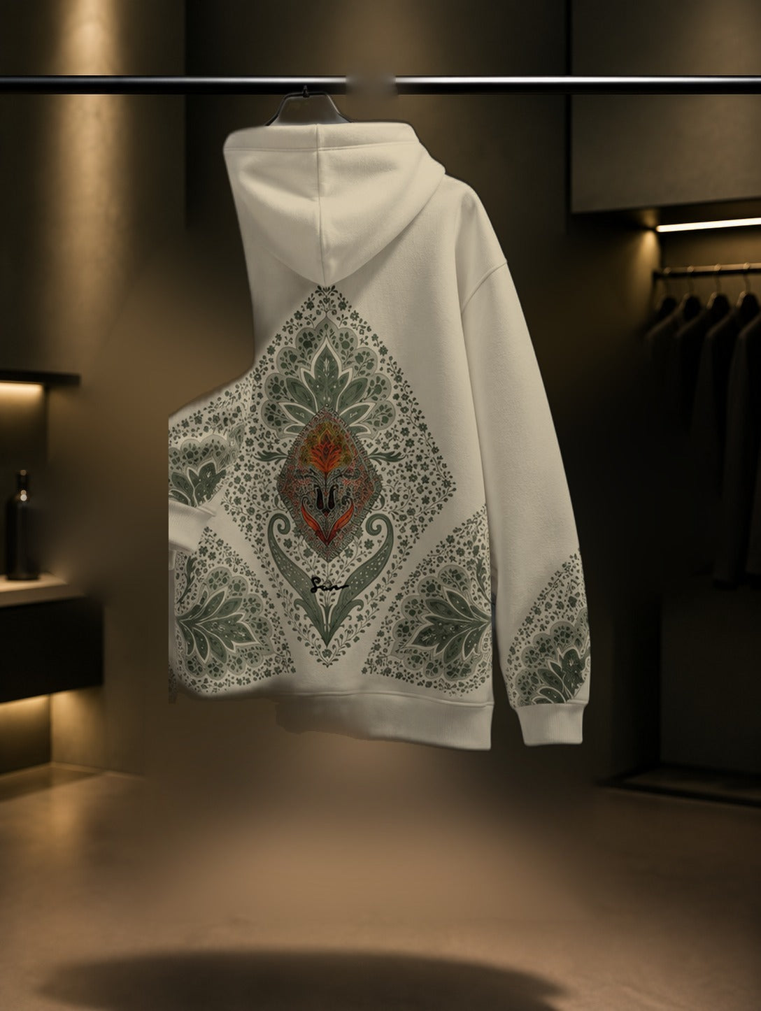 Çini Bahçe Oversize Kapüşonlu – Beyaz arka