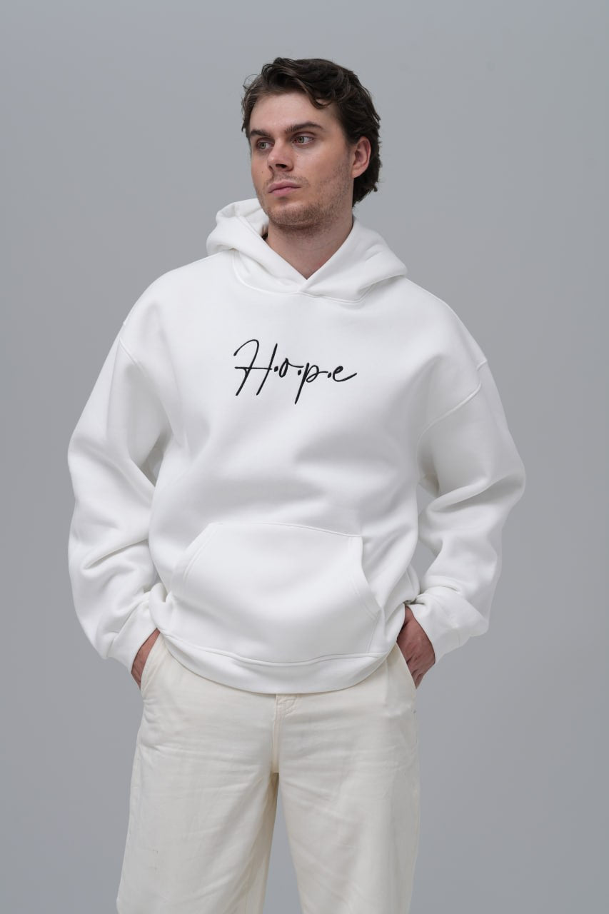 Hope Motif Baskılı Nakışlı %100 Pamuk Kapüşonlu Unisex Oversize Beyaz Sweatshirt