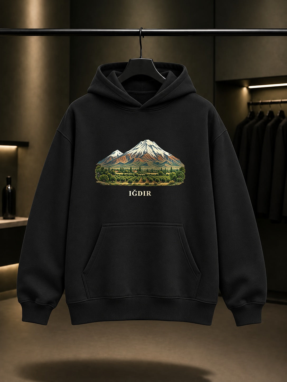Iğdır Ağrı Dağı baskılı siyah kapüşonlu sweatshirt