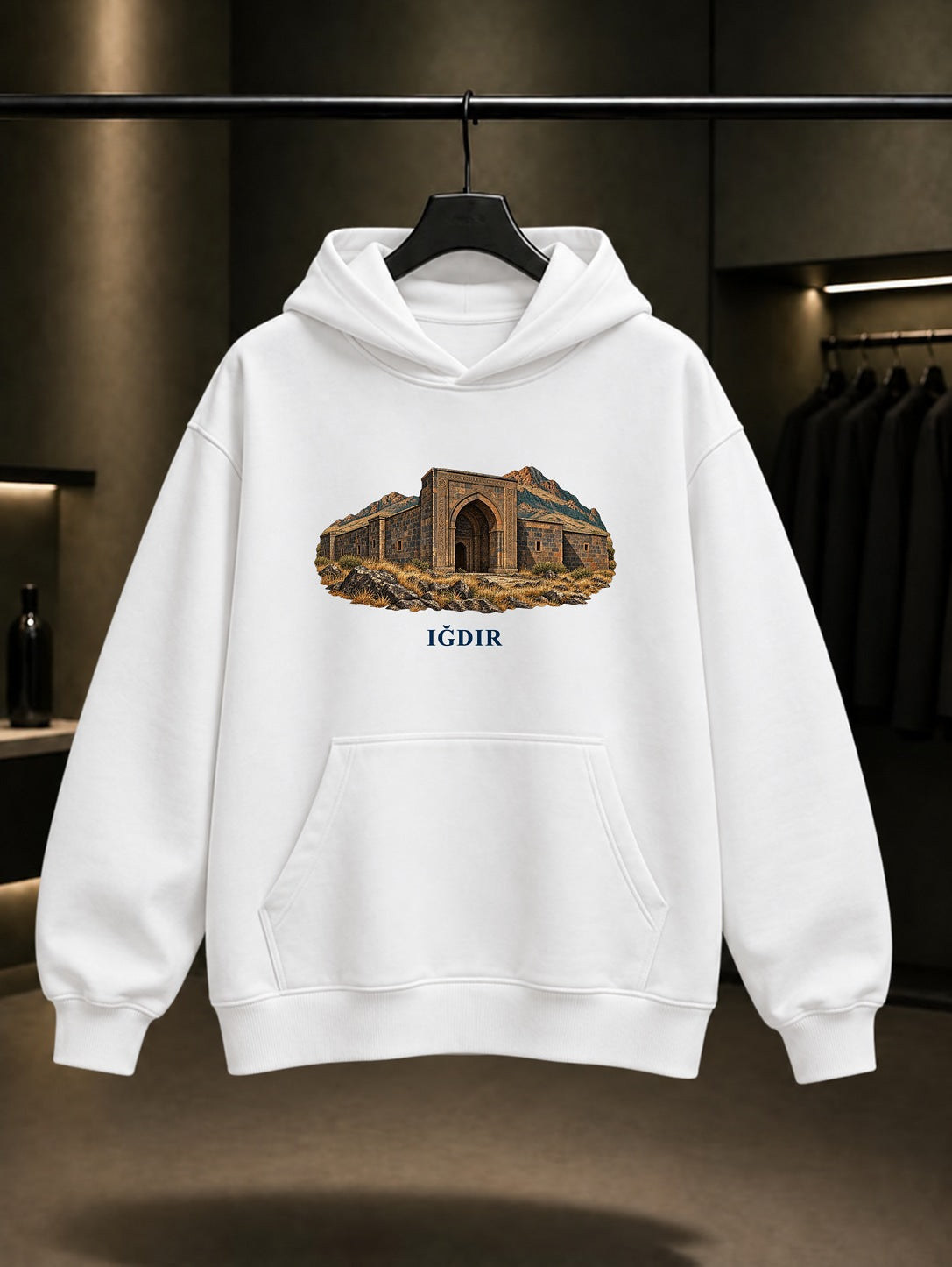 Iğdır Harmandöven baskılı beyaz kapüşonlu sweatshirt
