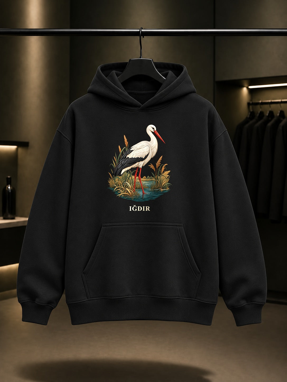 Iğdır Aras Leylek baskılı siyah kapüşonlu sweatshirt