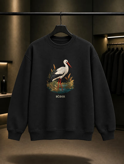 Iğdır Aras Leylek baskılı siyah sweatshirt