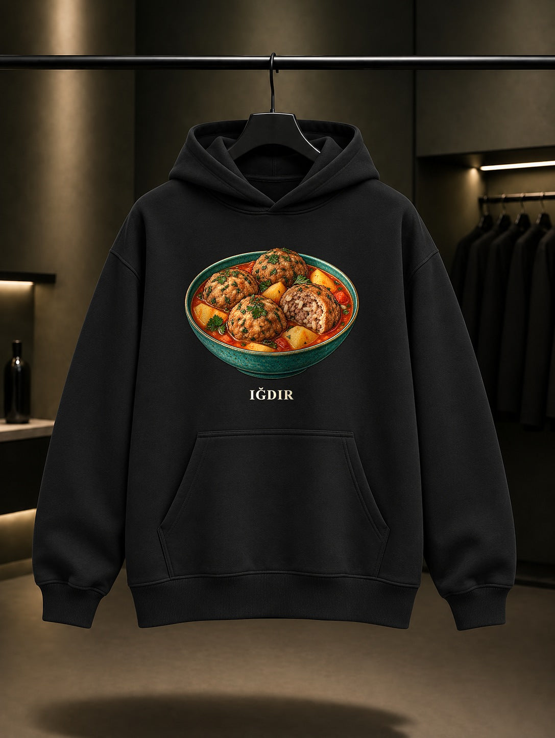 Iğdır Taş Köfte baskılı siyah kapüşonlu sweatshirt