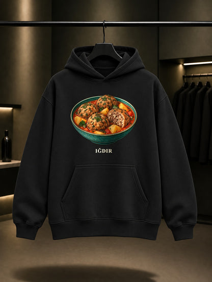 Iğdır Taş Köfte baskılı siyah kapüşonlu sweatshirt