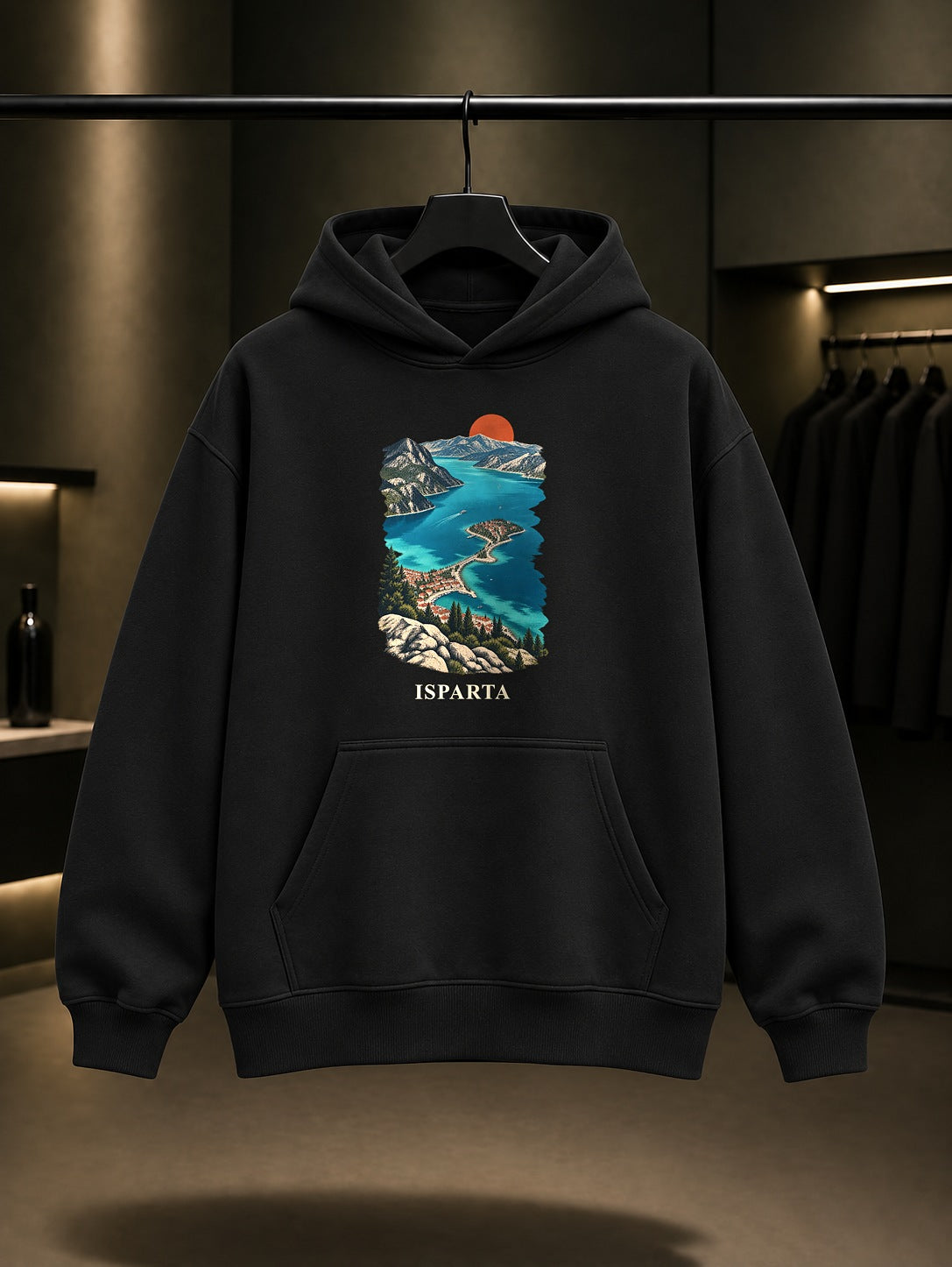 Isparta Eğirdir Gölü baskılı siyah kapüşonlu sweatshirt