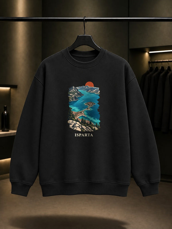 Isparta Eğirdir Gölü baskılı siyah sweatshirt