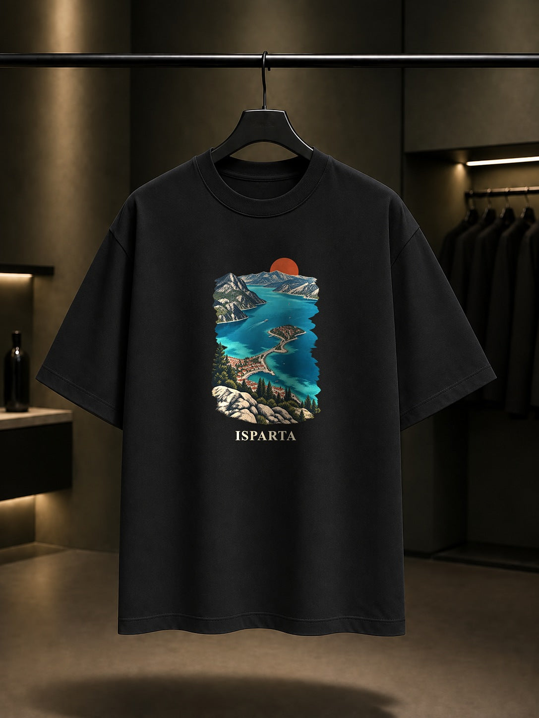 Isparta Eğirdir Gölü baskılı siyah t-shirt