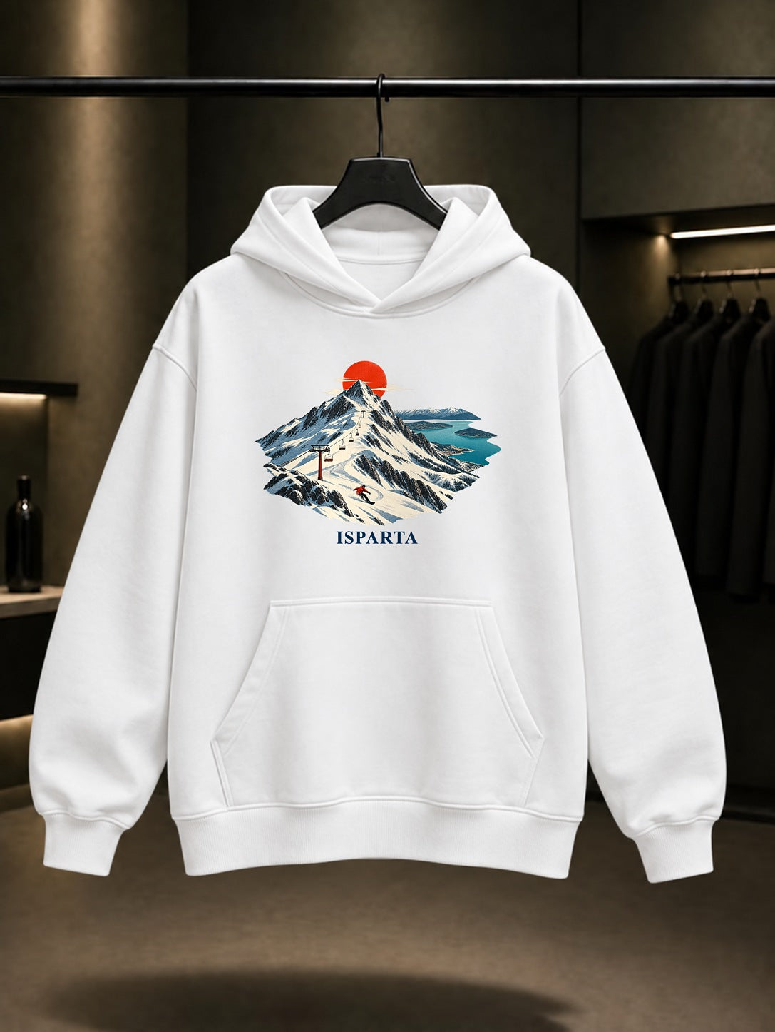 Isparta Davraz Dağı baskılı beyaz kapüşonlu sweatshirt