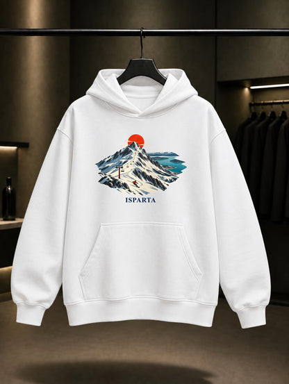 Isparta Davraz Dağı baskılı beyaz kapüşonlu sweatshirt