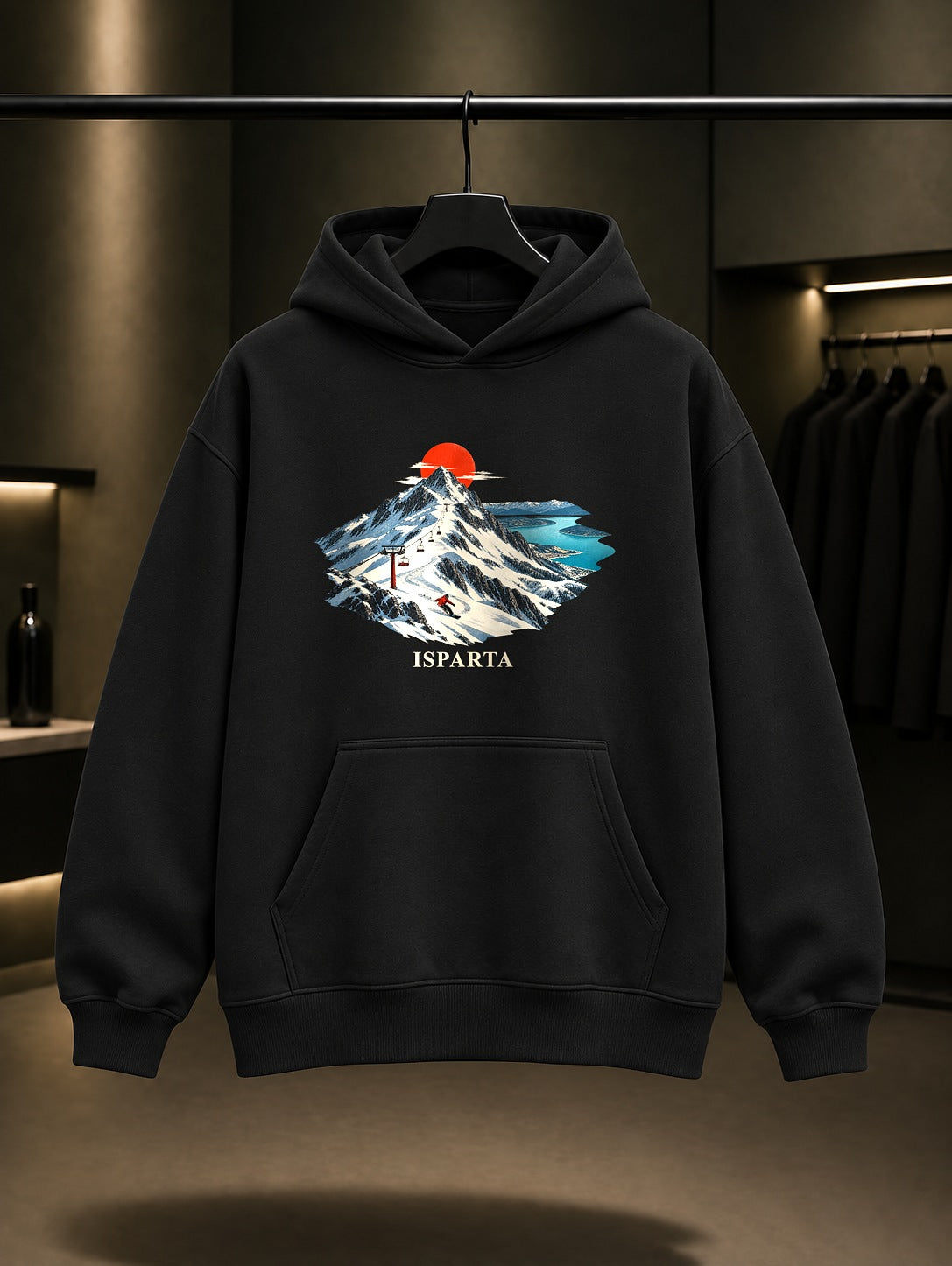 Isparta Davraz Dağı baskılı siyah kapüşonlu sweatshirt