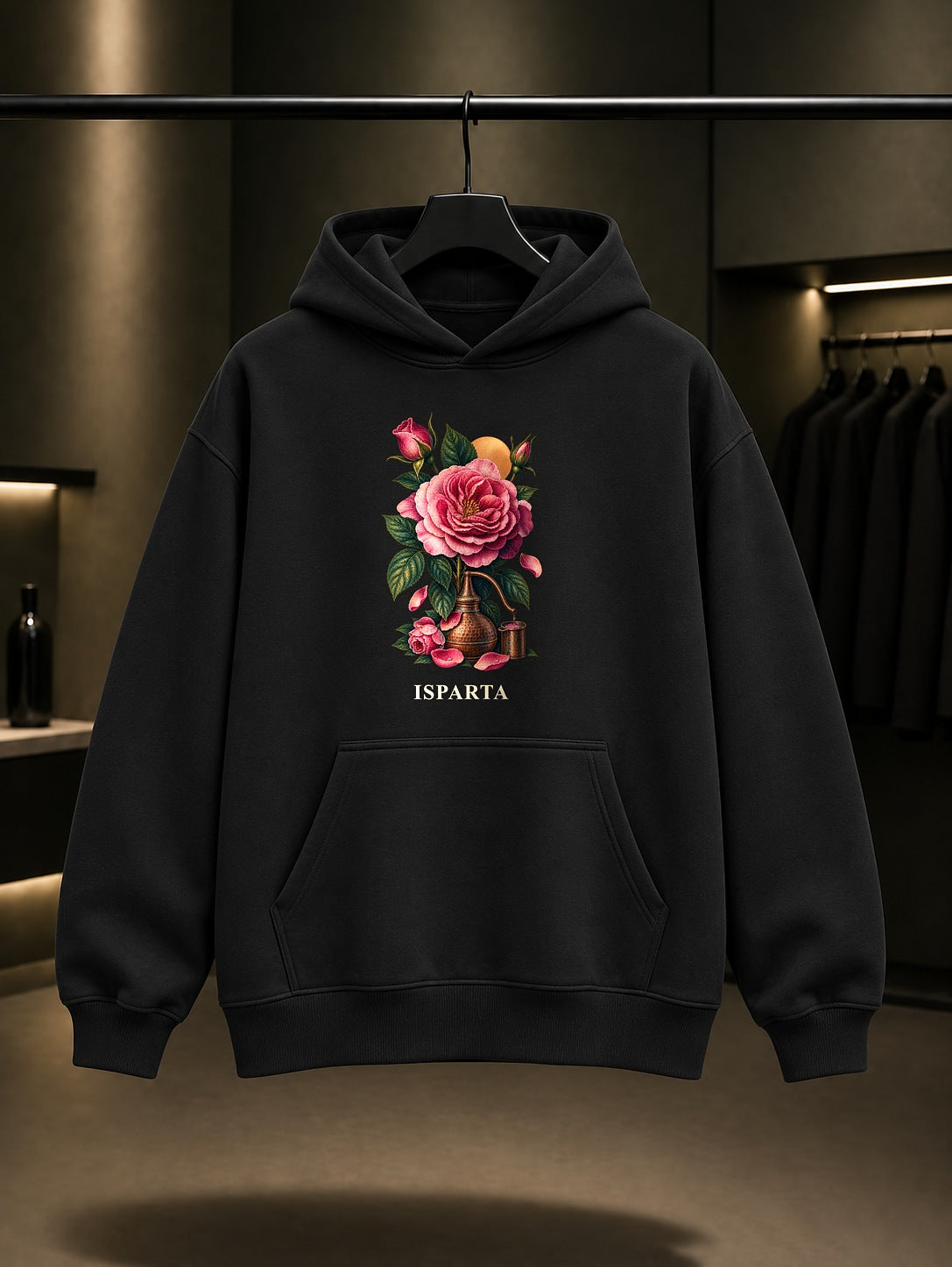 Isparta Gülü baskılı siyah kapüşonlu sweatshirt