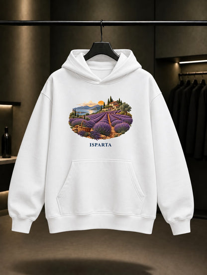 Isparta Kuyucak Lavantası baskılı beyaz kapüşonlu sweatshirt