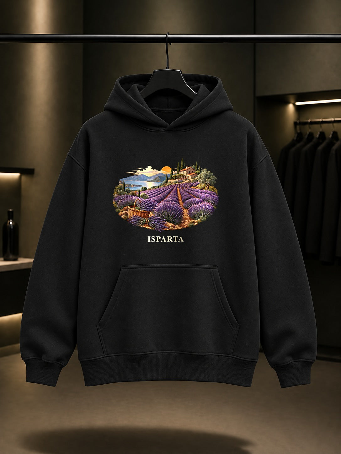 Isparta Kuyucak Lavantası baskılı siyah kapüşonlu sweatshirt